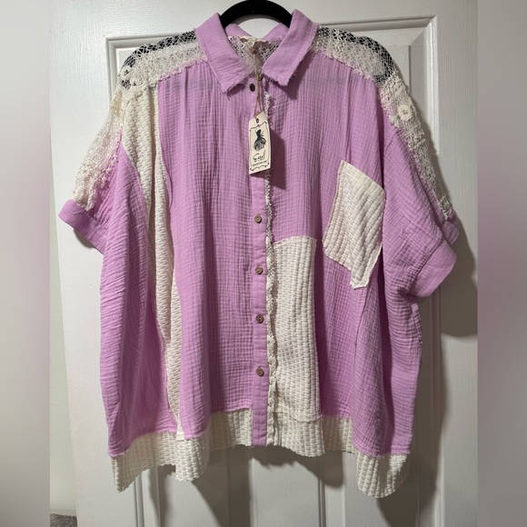 NWT Easel Color Mix Gauze and Lace Oversized Button Down Top - Picture 1 of 2